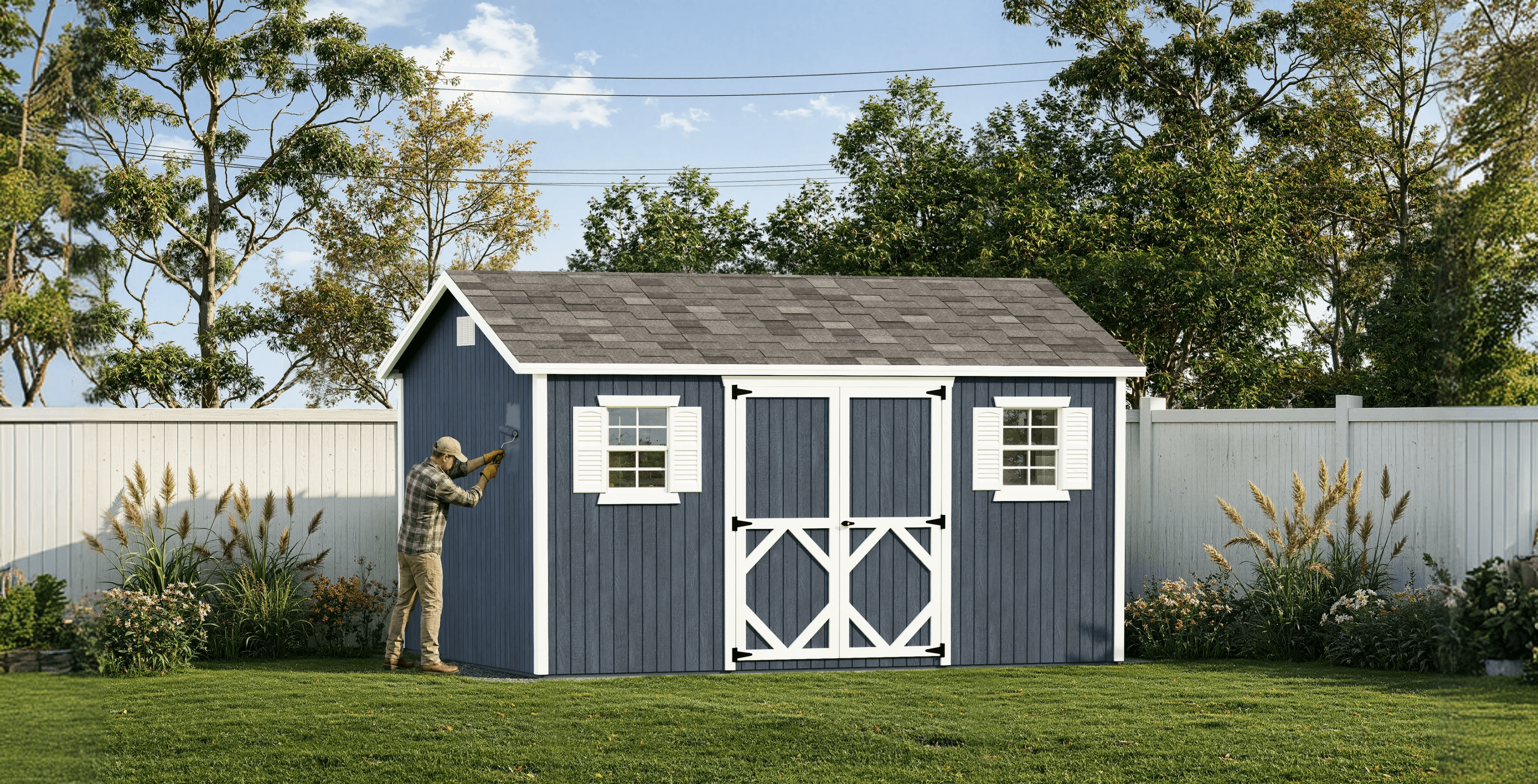 Person painting a shed exterior in a backyard