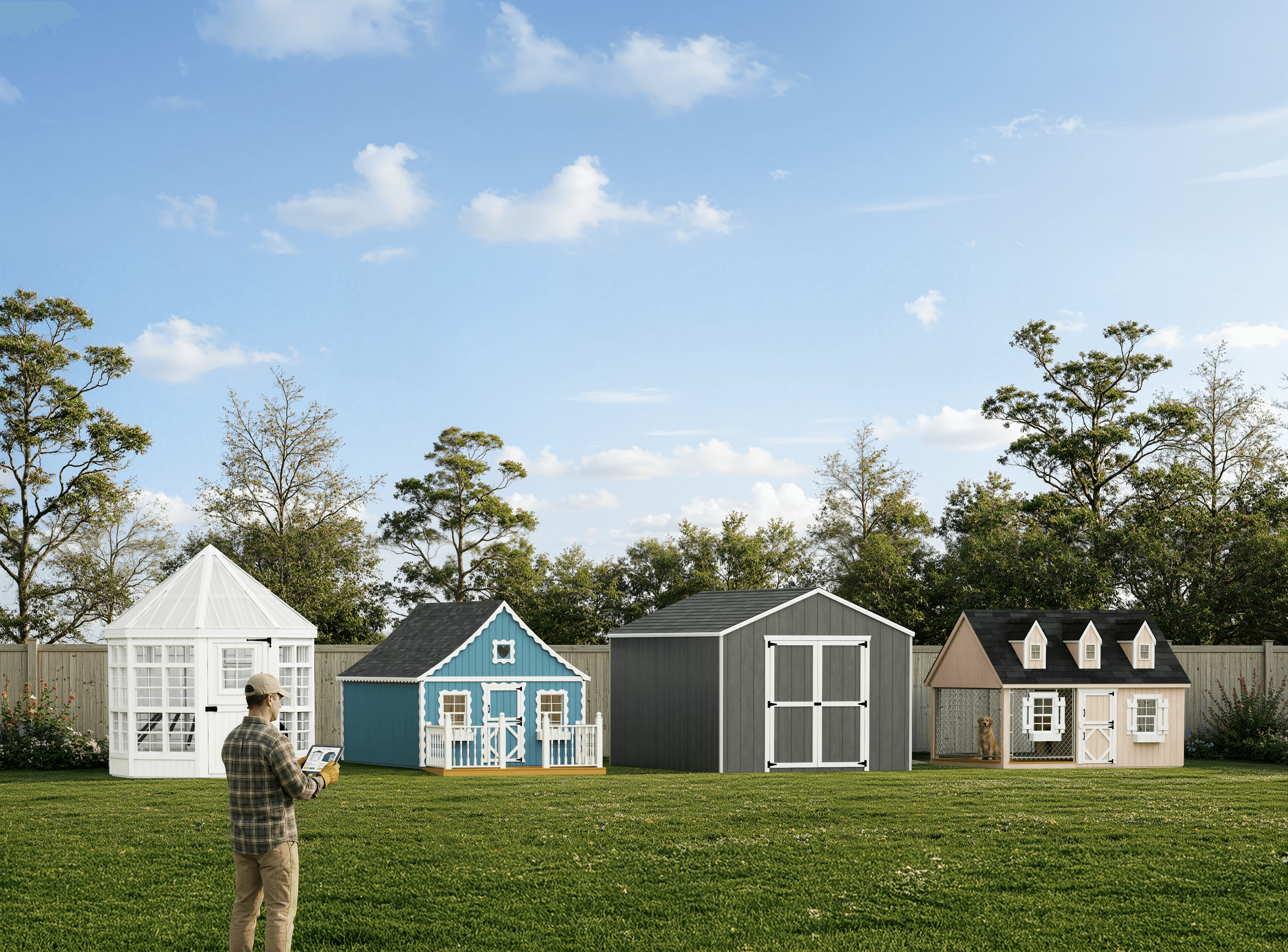 Person choosing from a variety of shed and outdoor building styles in a backyard