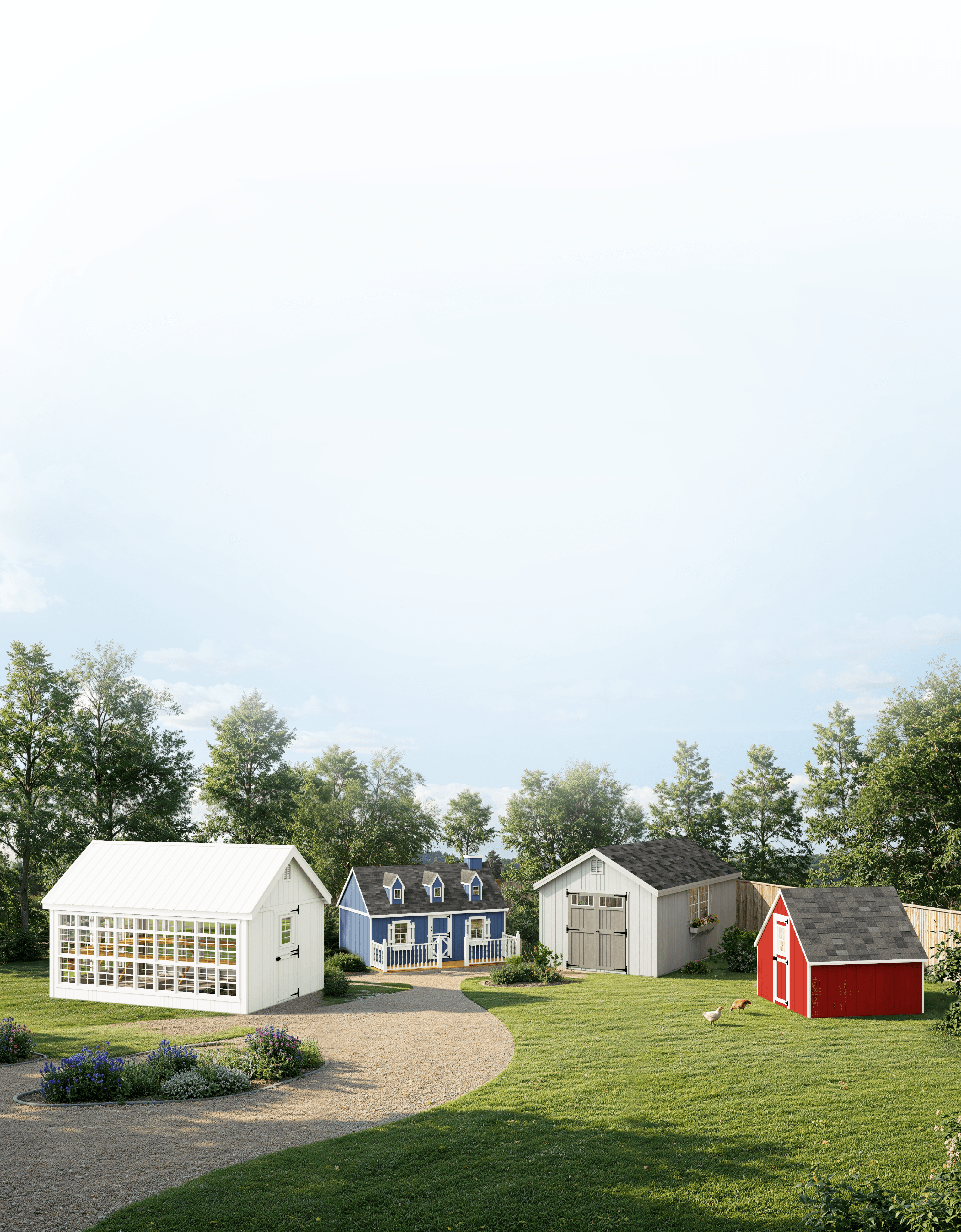 Outdoor scene with a wood shed in a grassy yard under a blue sky