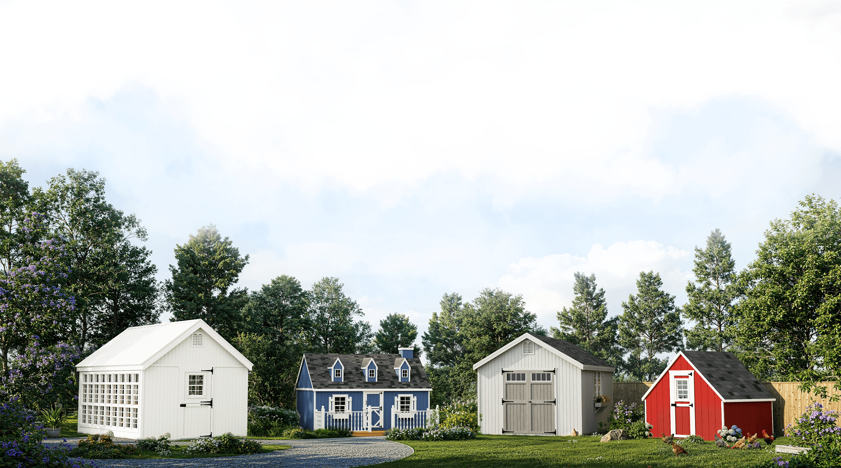 Outdoor scene with a wood shed in a grassy yard under a blue sky