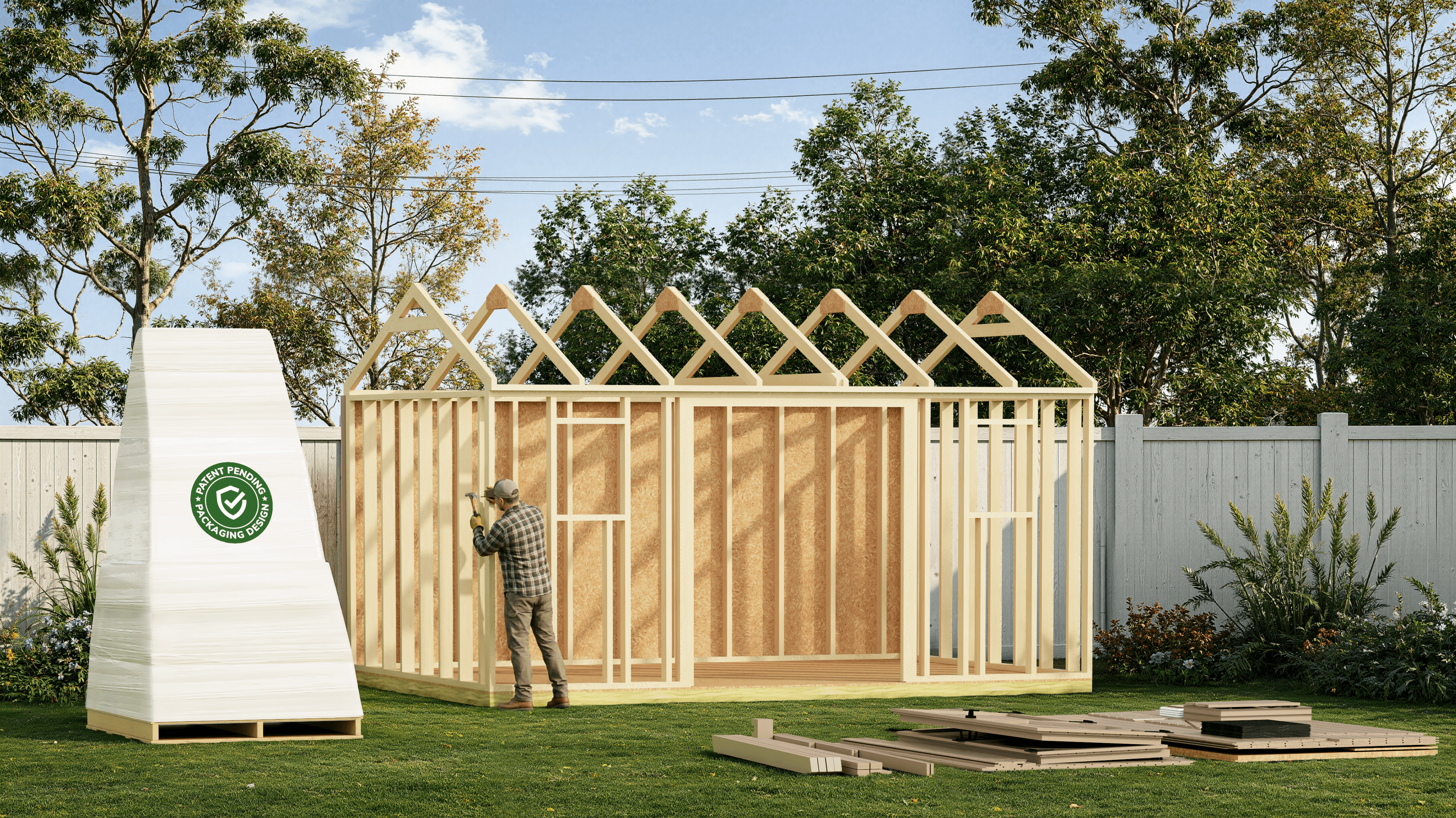Packaged DIY shed kit and materials in backyard with partially assembled shed