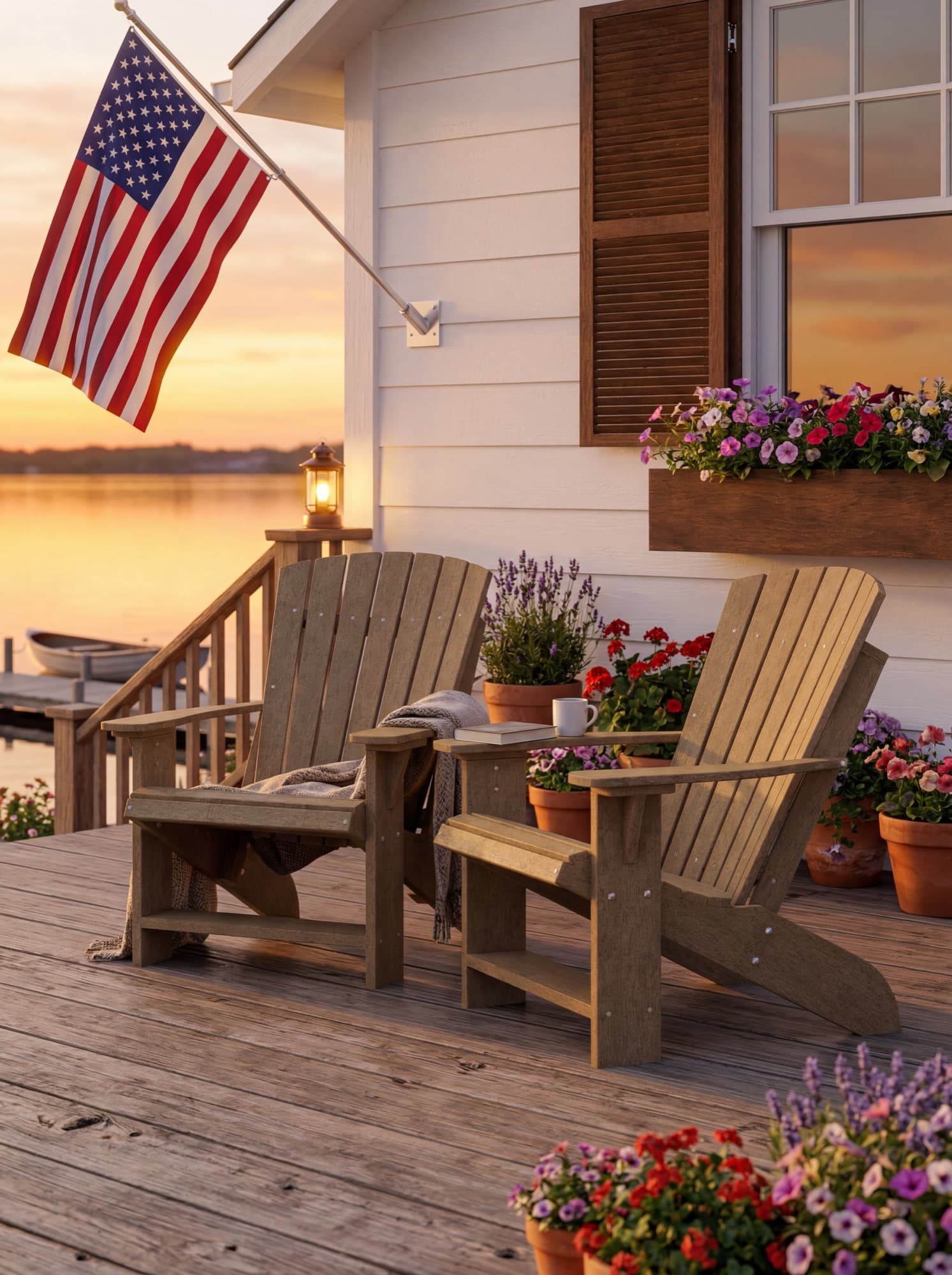Wildridge Adirondack chairs on a porch with an American flag at sunset