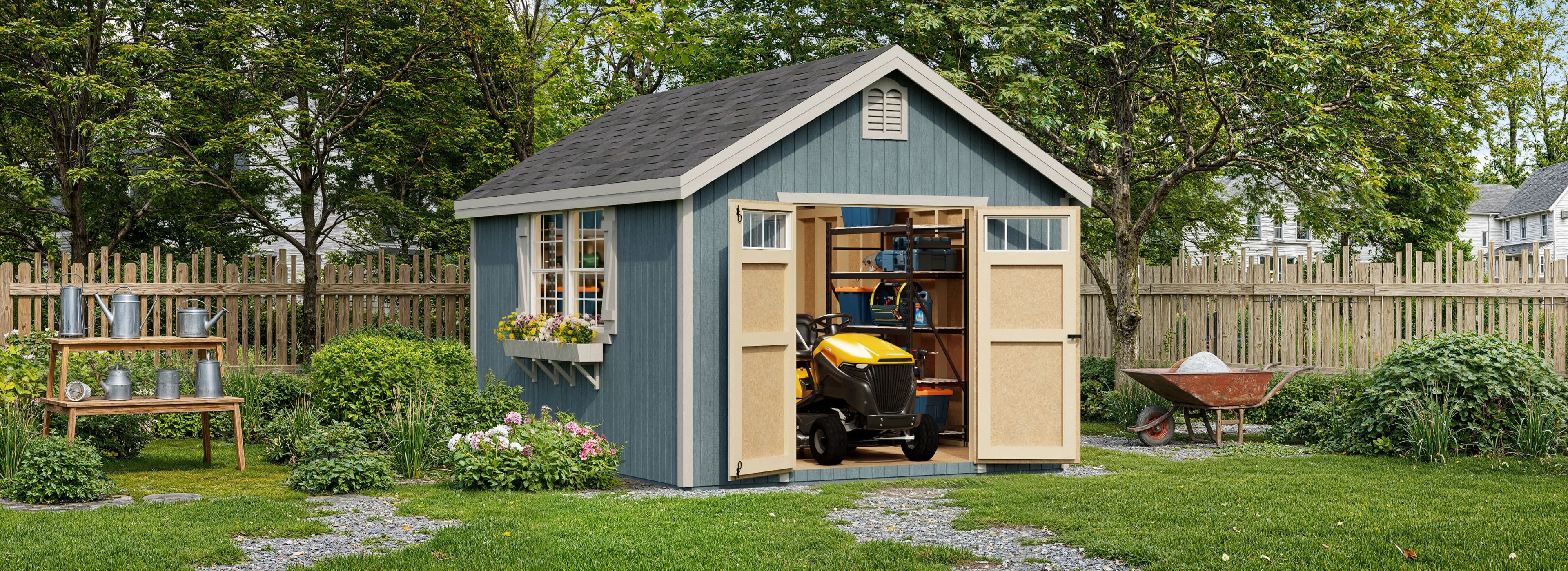 wood shed with transom windows