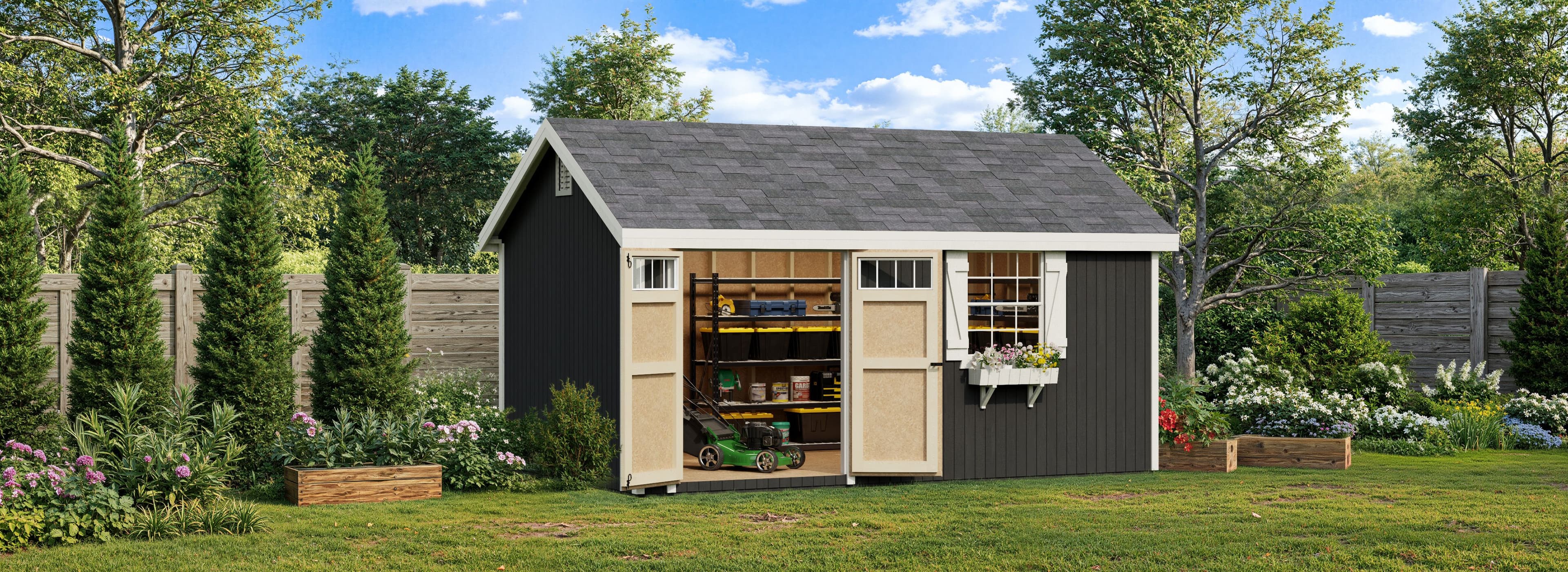 gray wood shed with large window and doors
