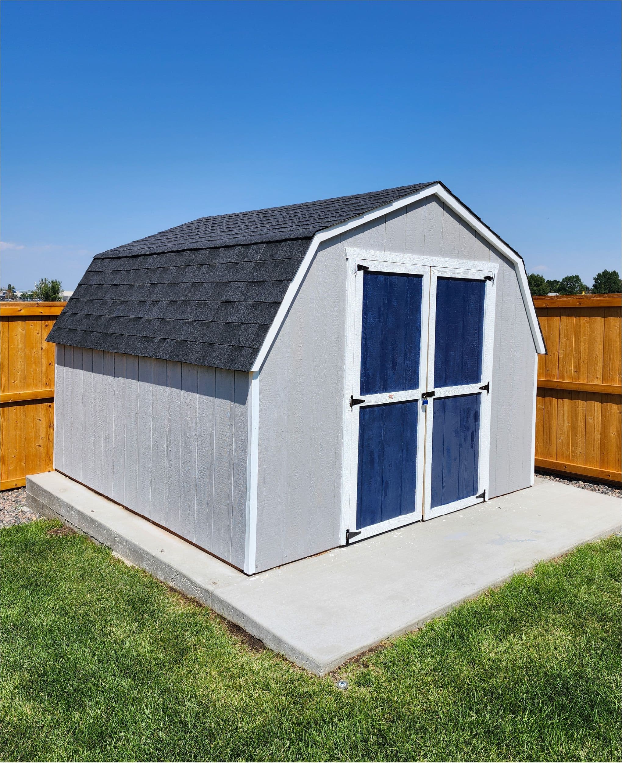 gray and blue shed