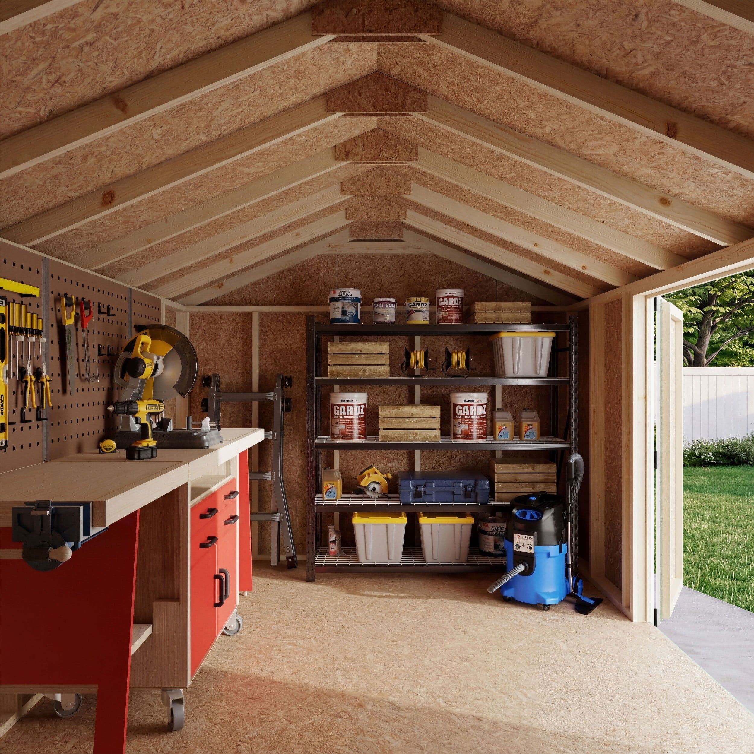 10x14 value gable side entry wood shed interior