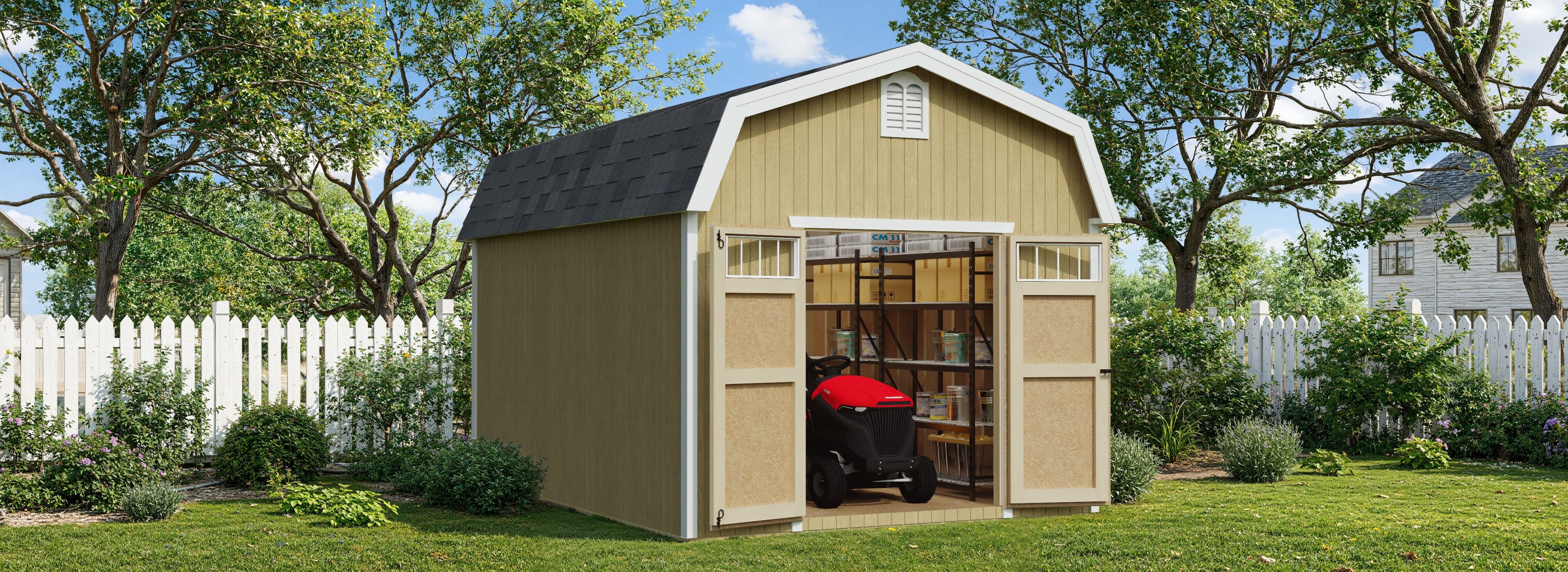 wood shed with lawn mower