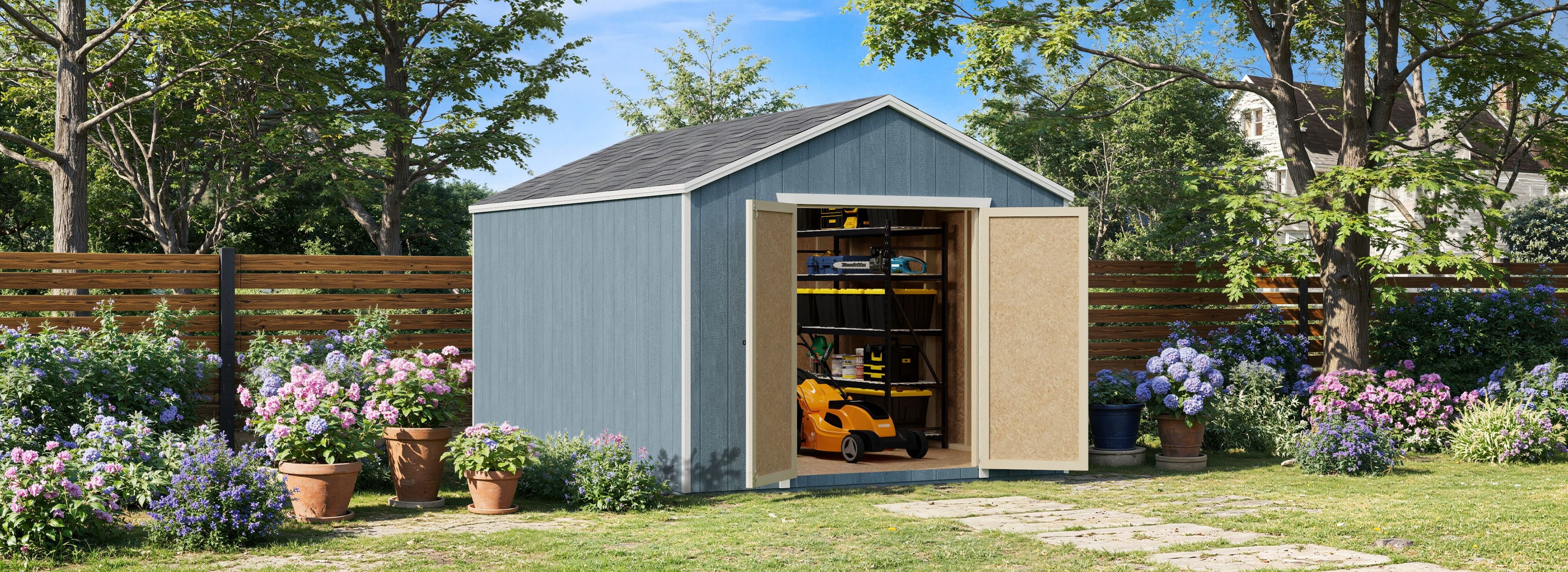 value gable wood storage shed with mower, tools