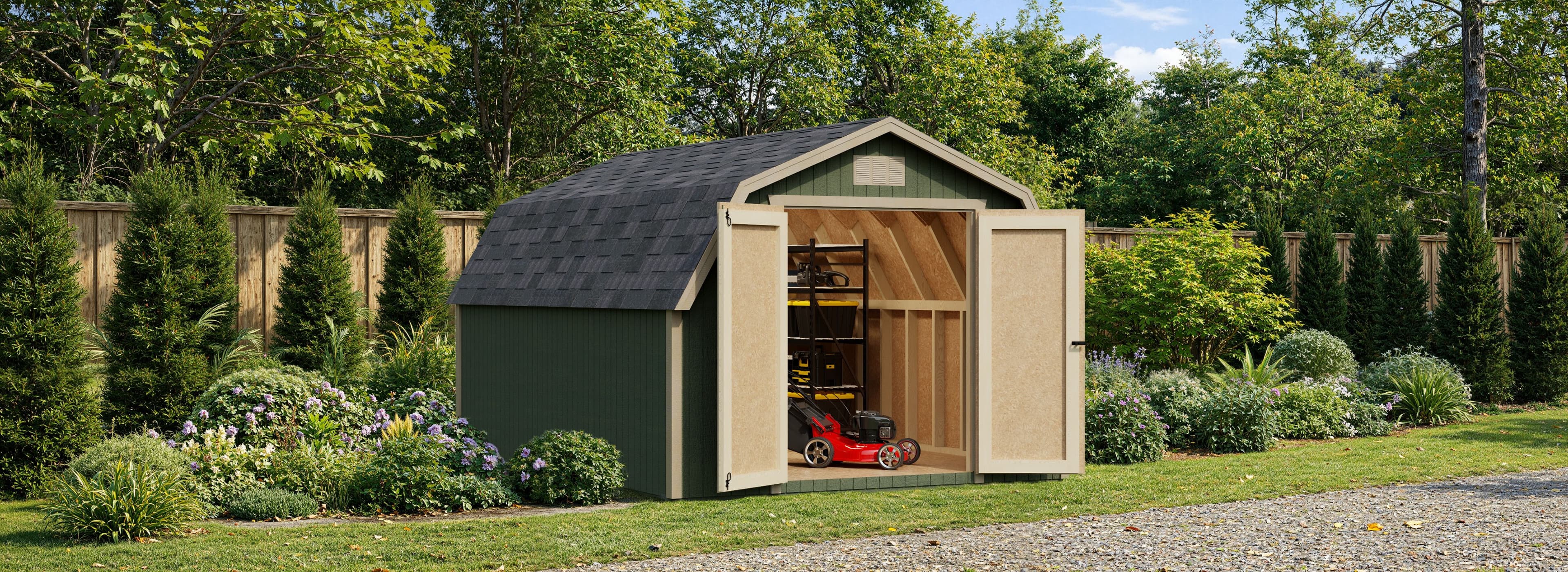wood storage shed with doors open