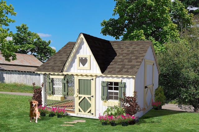 8x10 Victorian Cozy Kennel with dog and flowers in front