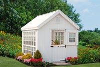 8x12 Colonial Gable Greenhouse with door open and supplies inside