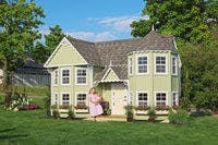 8x16 Sara's Victorian Mansion playhouse with girl holding doll